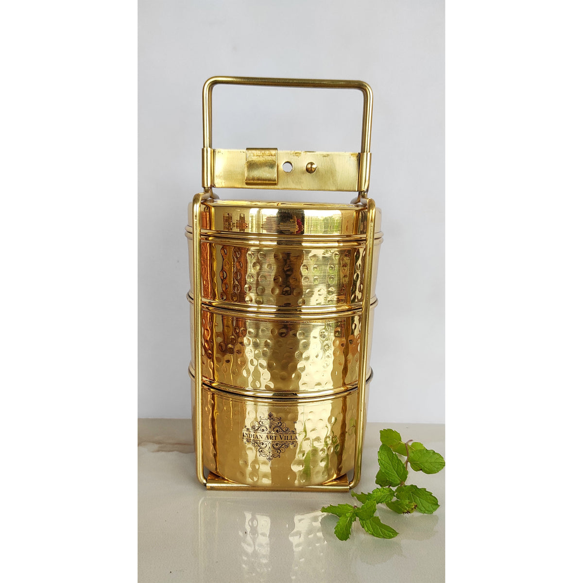 Traditional Royal Indian Copper Hammered with Brass Handle Tiffin Box  Animal with Pewter Lining 3 Compartments Office Tiffin Lunch Box 