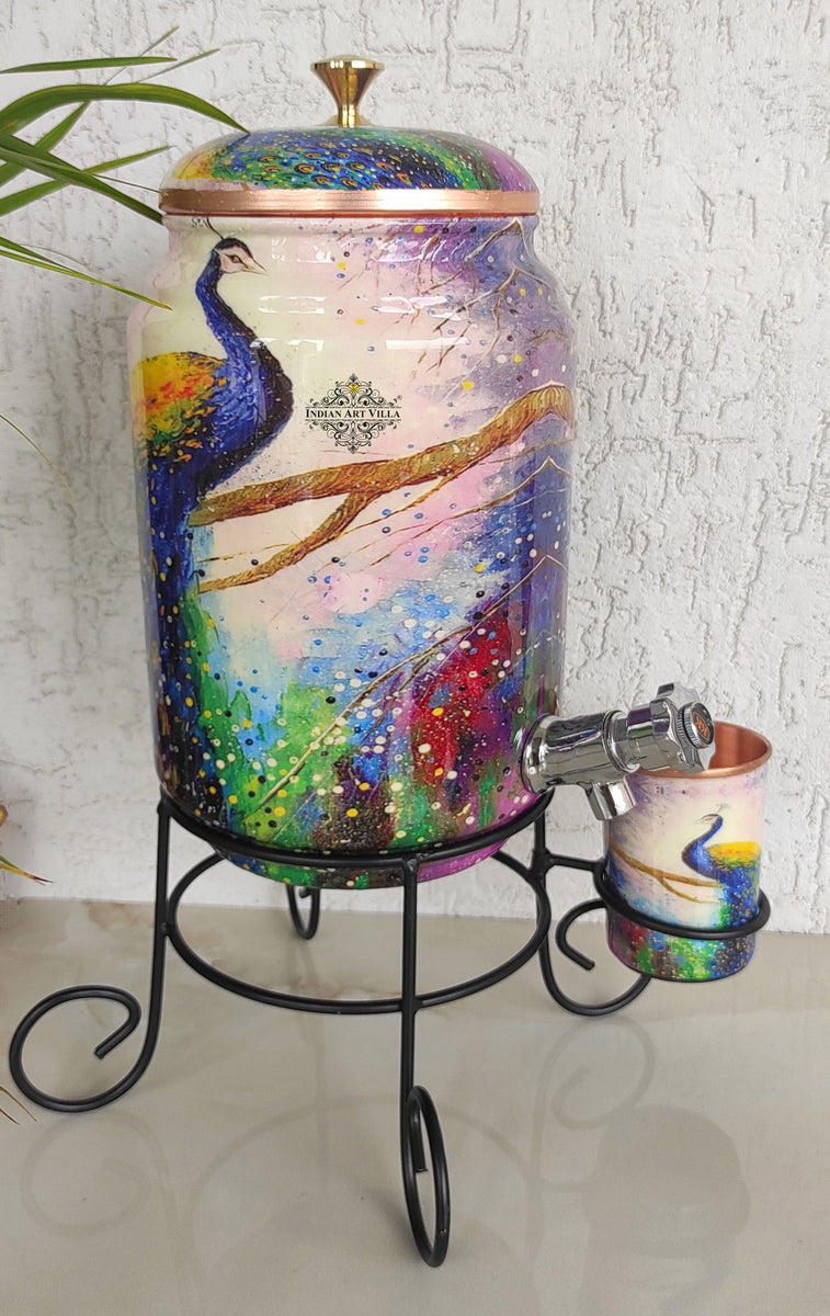 Indian Art Villa Copper Colorful Peacock Printed Design Water Pot With –  IndianArtVilla