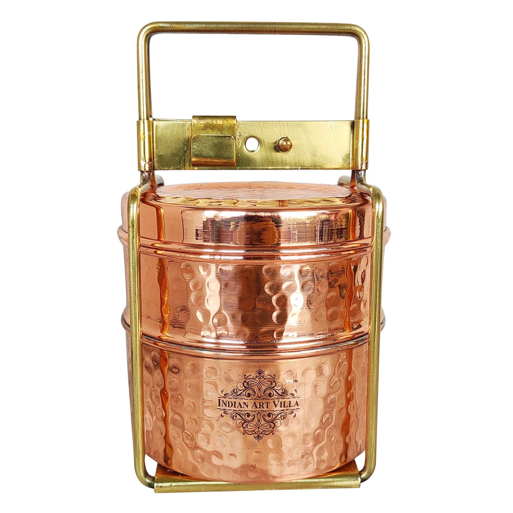 Traditional Royal Indian Copper Hammered with Brass Handle Tiffin Box  Animal with Pewter Lining 3 Compartments Office Tiffin Lunch Box 