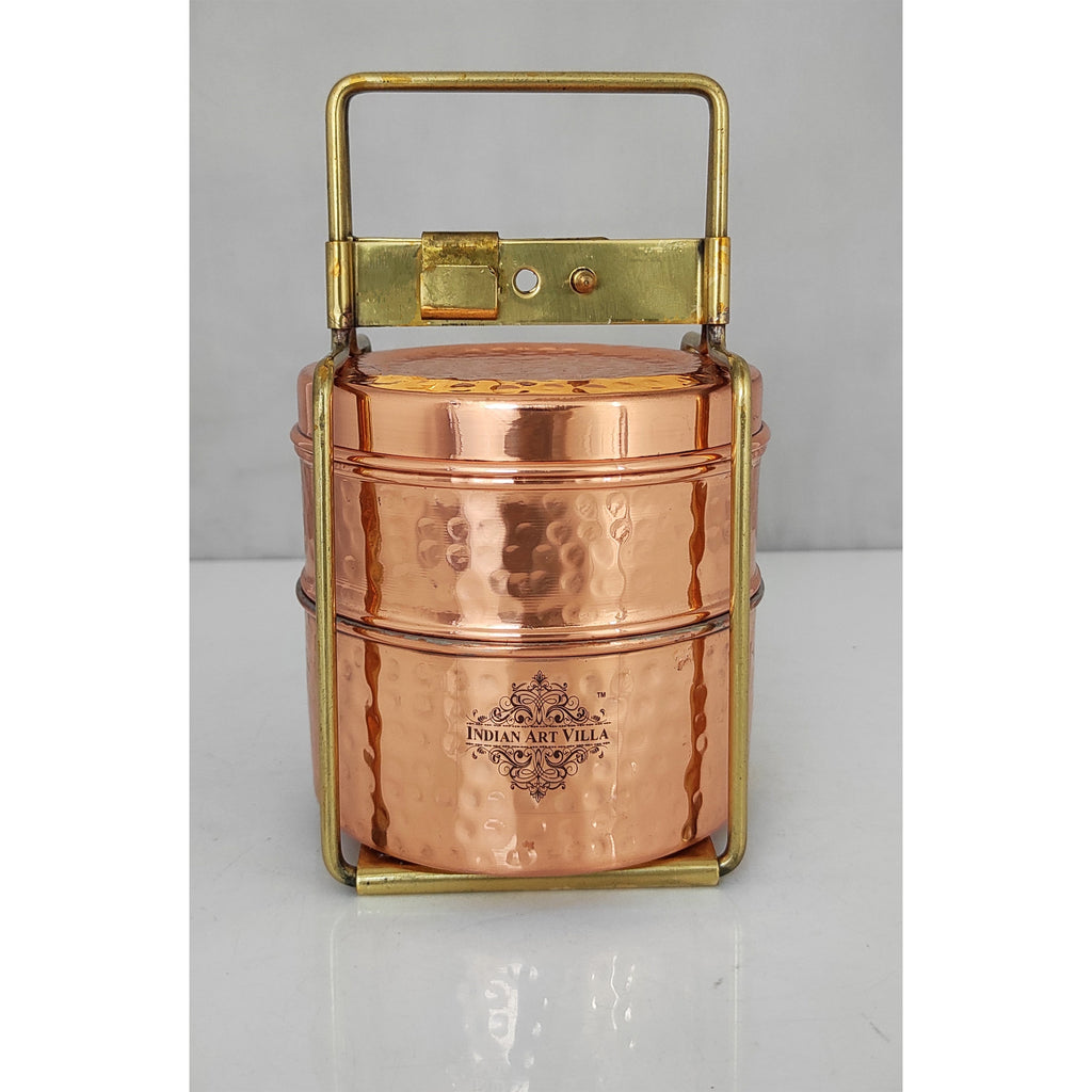 Traditional Royal Indian Copper Hammered with Brass Handle Tiffin Box  Animal with Pewter Lining 3 Compartments Office Tiffin Lunch Box 