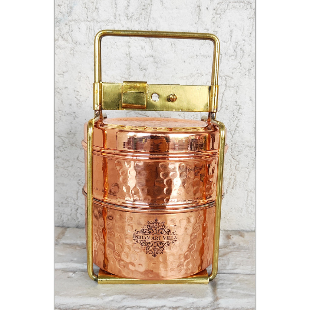 Traditional Royal Indian Copper Hammered with Brass Handle Tiffin Box  Animal with Pewter Lining 3 Compartments Office Tiffin Lunch Box 