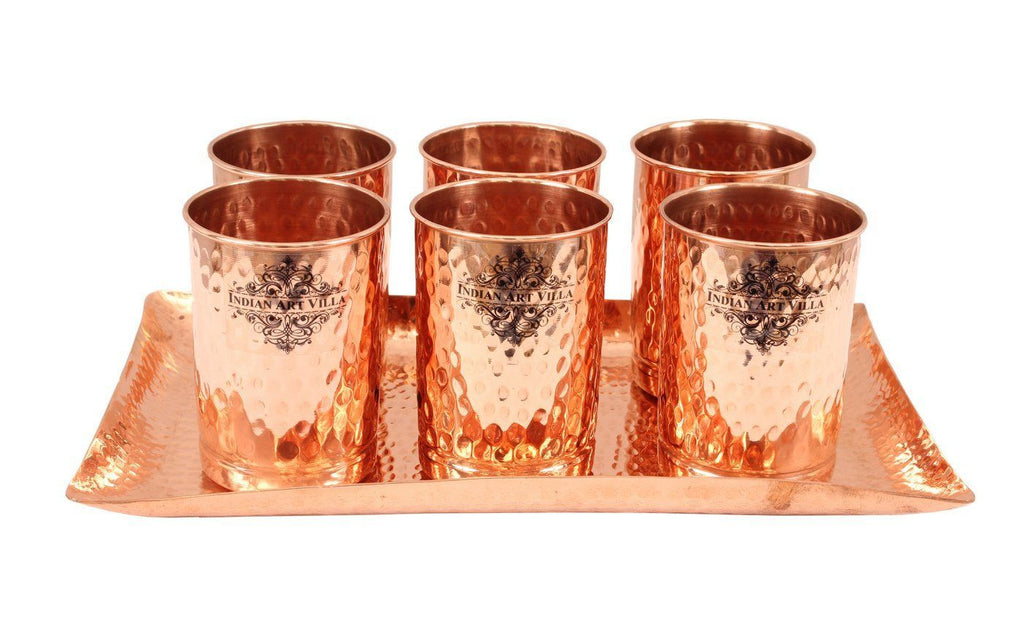 INDIAN ART VILLA Set of 6 Copper Hammered Goblet Glass Tumbler, 300 ML  each